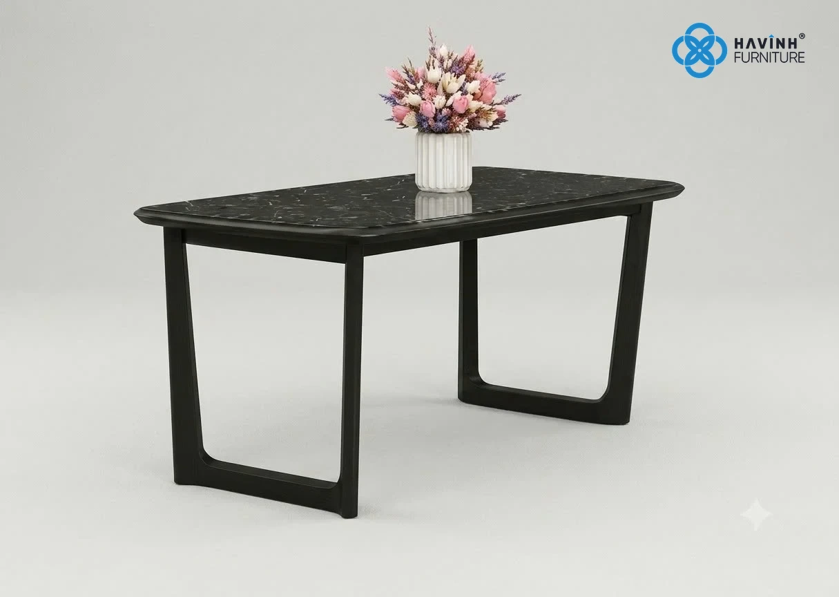 Bàn Ăn Mặt Đá Marble Đen Chân Gỗ Chữ U BA-02