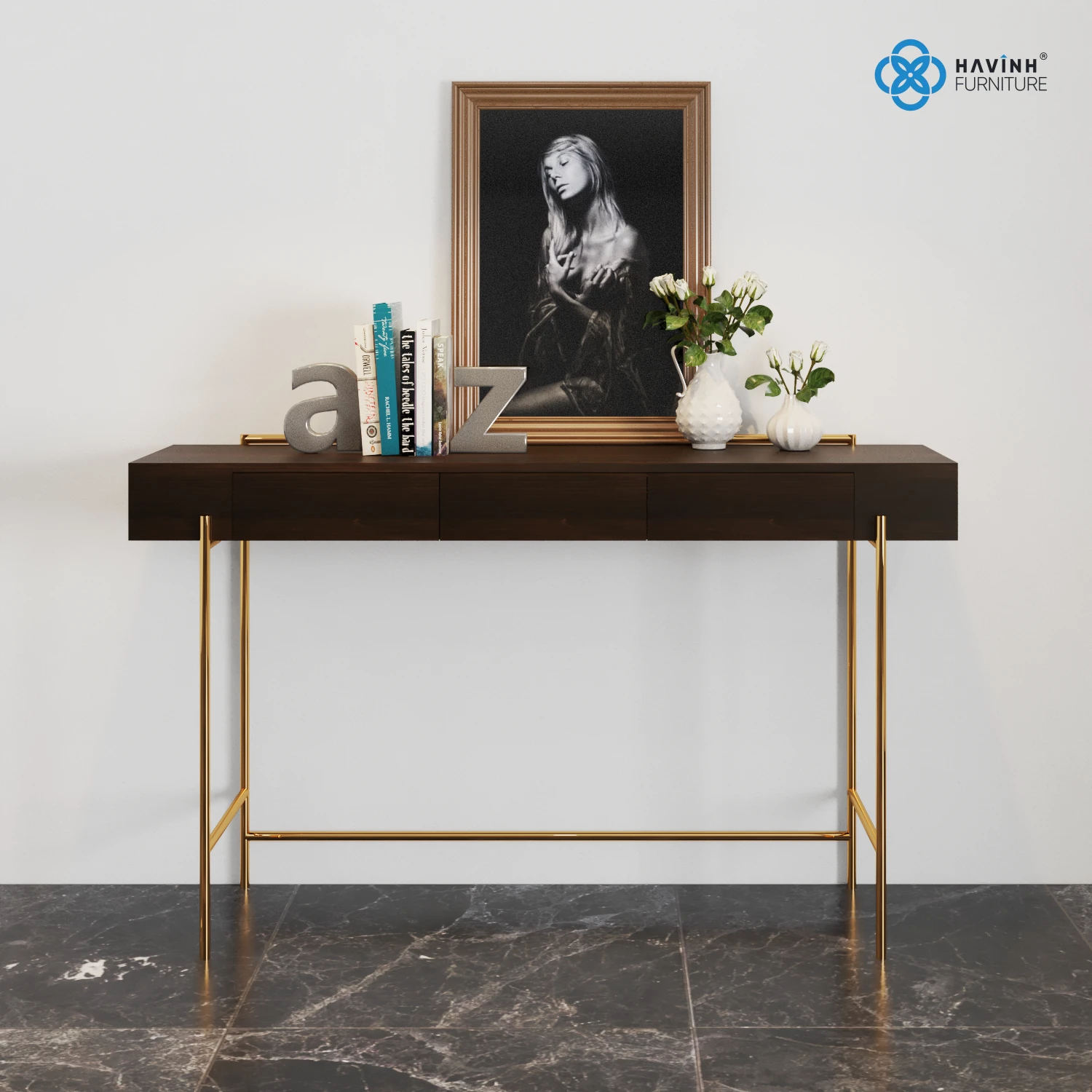 Bàn Console Gỗ Óc Chó Chân Trụ Tròn Mạ Vàng PVD BC-01