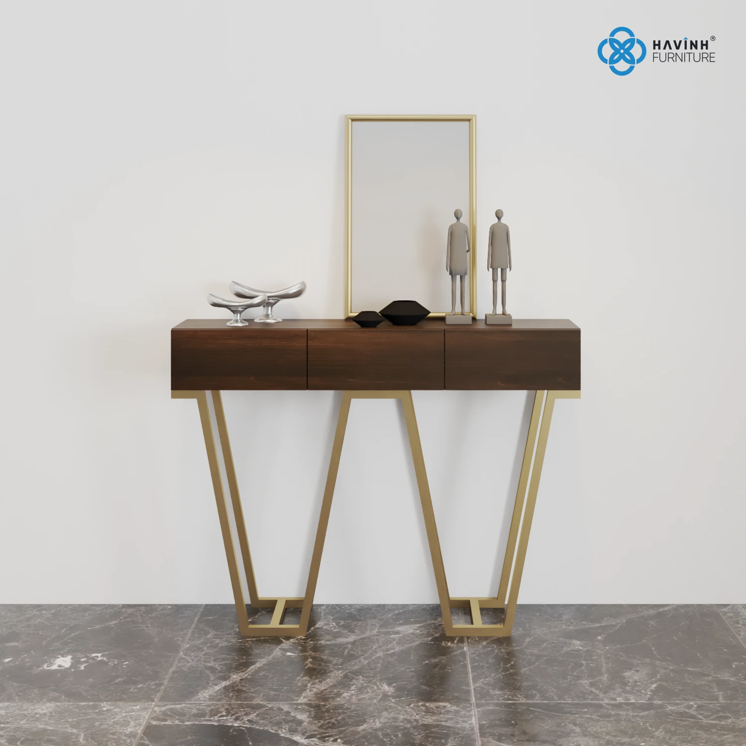 Bàn Console Gỗ Óc Chó Chân Vát Chữ W Mạ Vàng BC-02
