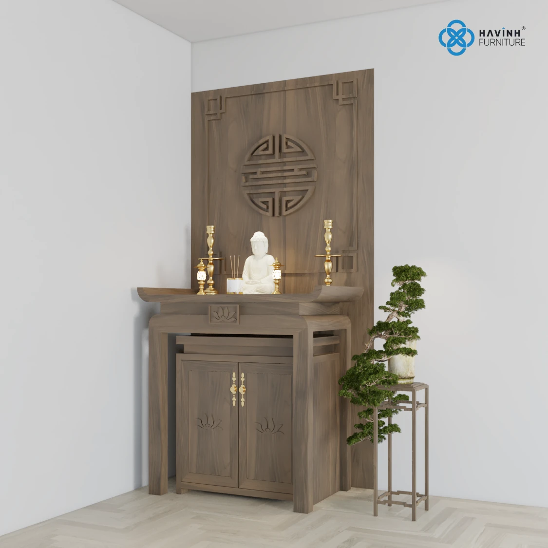 Bộ Bàn Thờ Đứng Hiện Đại Kèm Tủ Cơm & Vách Chữ Thọ BT-01