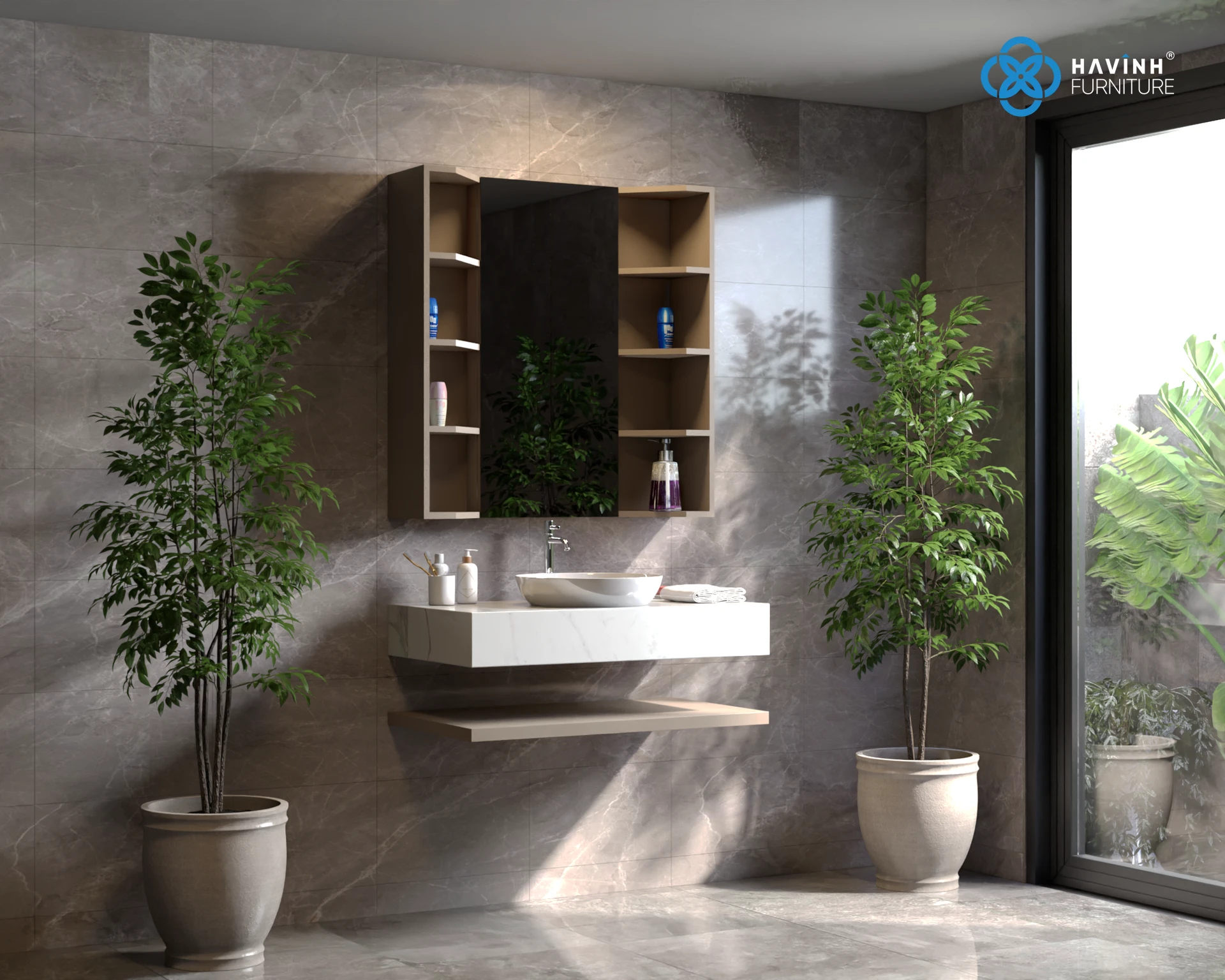 Bộ Tủ Lavabo Treo Tường Mặt Đá & Tủ Gương Đa Ngăn LV-01