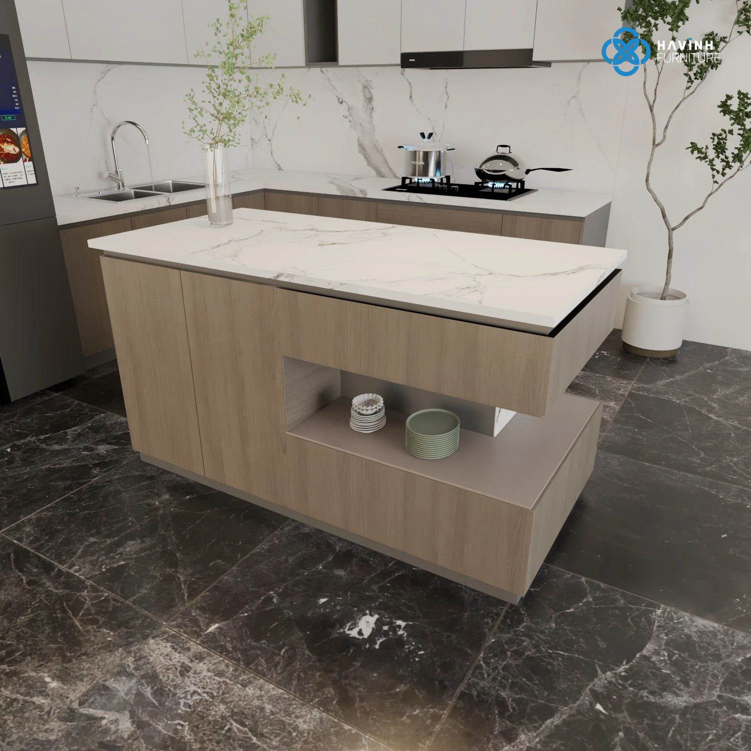 Đảo Bếp Mặt Đá Ceramic Trắng Có Hộc Decor Giật Cấp DB-03