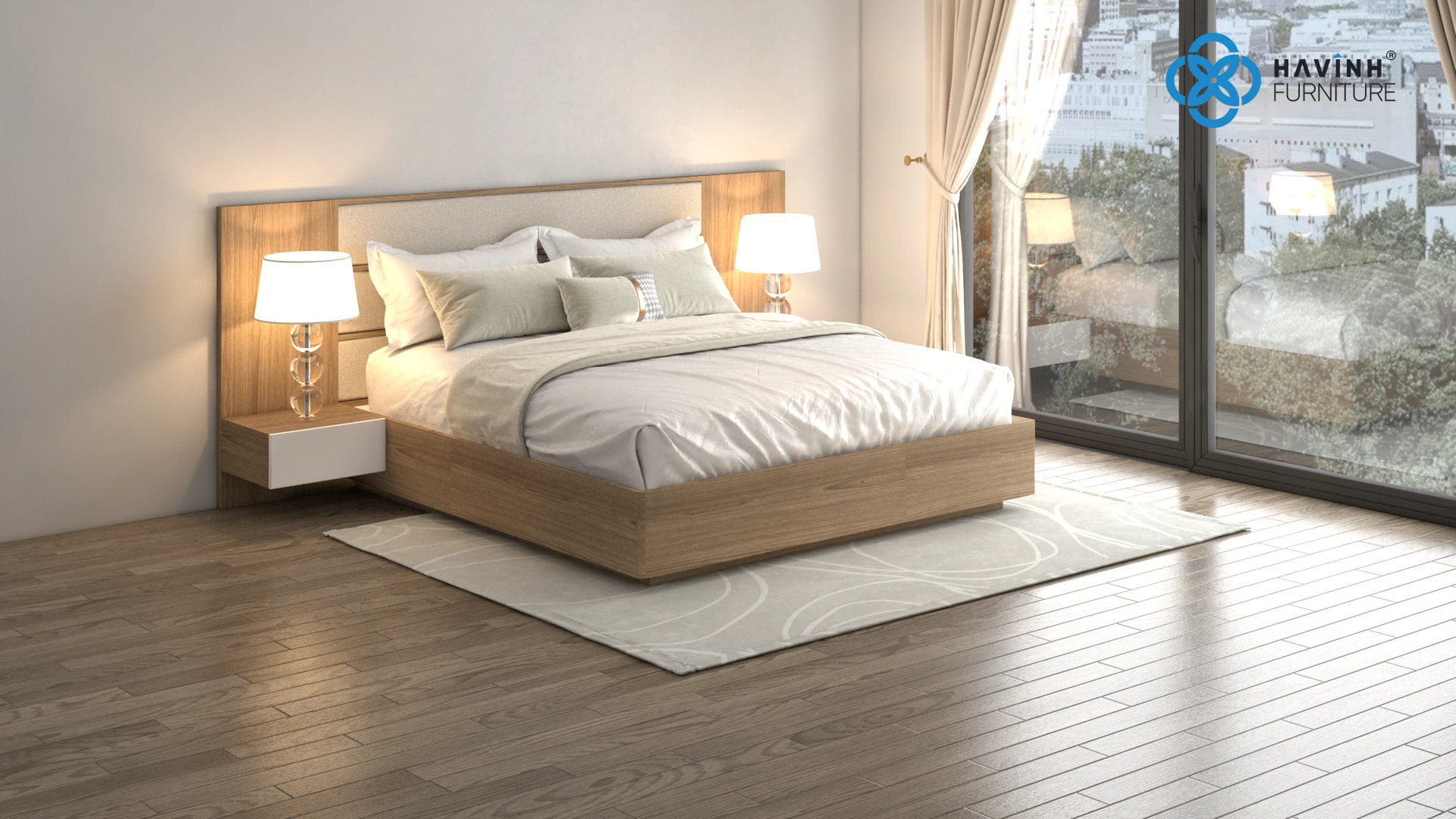 Giường Ngủ Đầu Bọc Nỉ Liền Tab Sơn Trắng GN-02