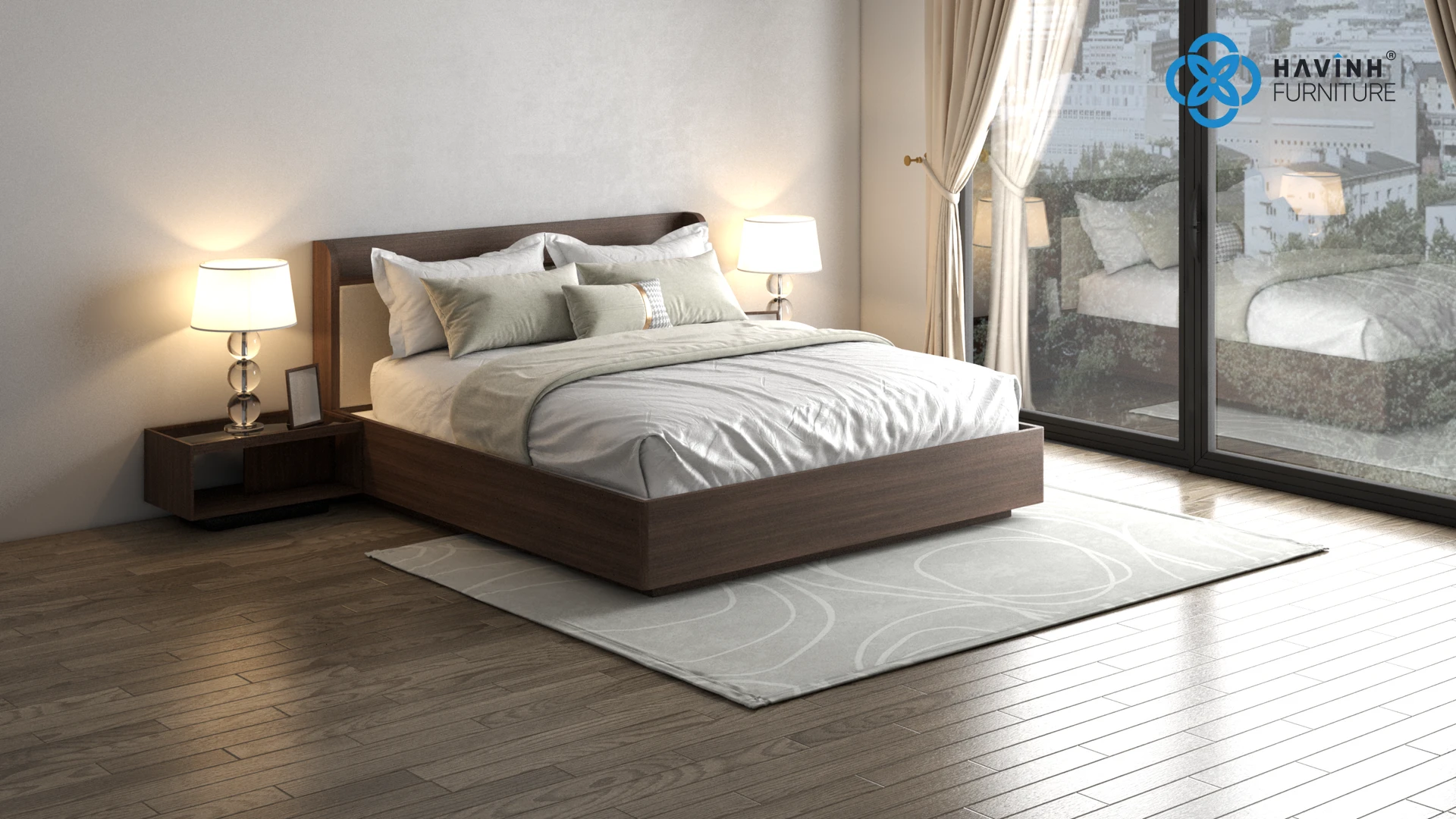 Giường Ngủ Đệm Tựa Đầu Thấp Vát Cạnh Gỗ Óc Chó GN-03