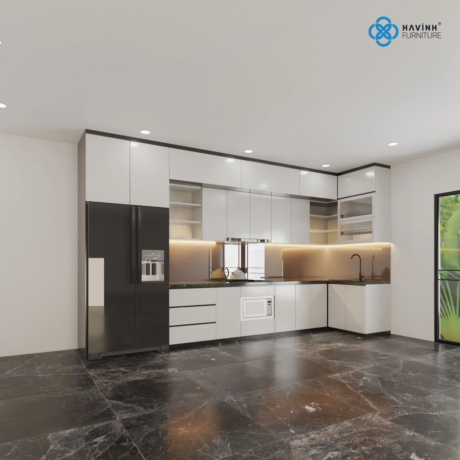 Hệ Tủ Bếp Góc Chữ L Kịch Trần Acrylic Bóng Gương TB-01